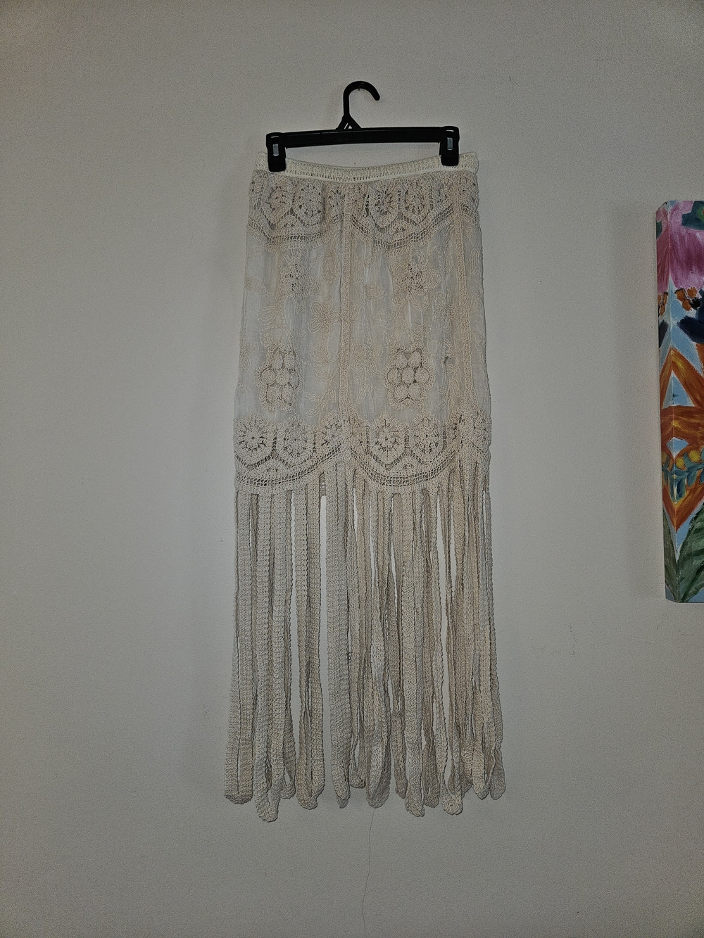 POL Crochet Boho Fringe Maxi Skirt in Cream